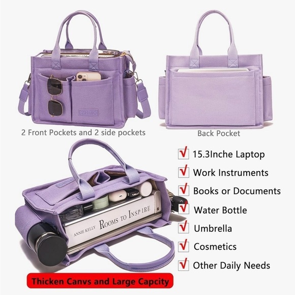 Women's Lavender Canvass Laptop Bag - Picture 2 of 7